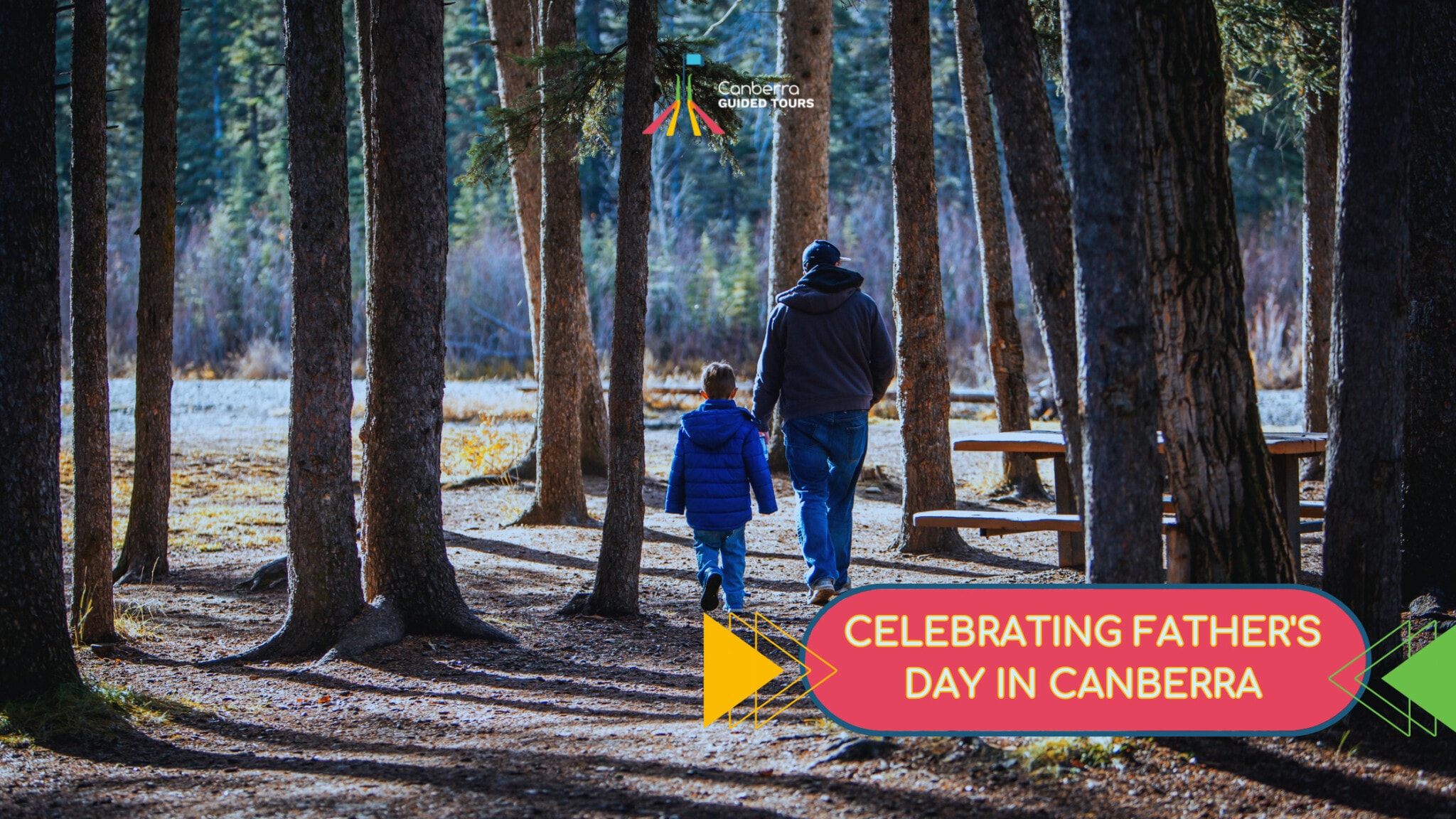 Fathers Day CGT - Canberra Guided Tours A father and young child walk hand-in-hand through a sunlit pine forest toward wooden picnic tables, with a Canberra Guided Tours logo near the top and a colourful banner at the bottom right reading "Celebrating Father's Day in Canberra".